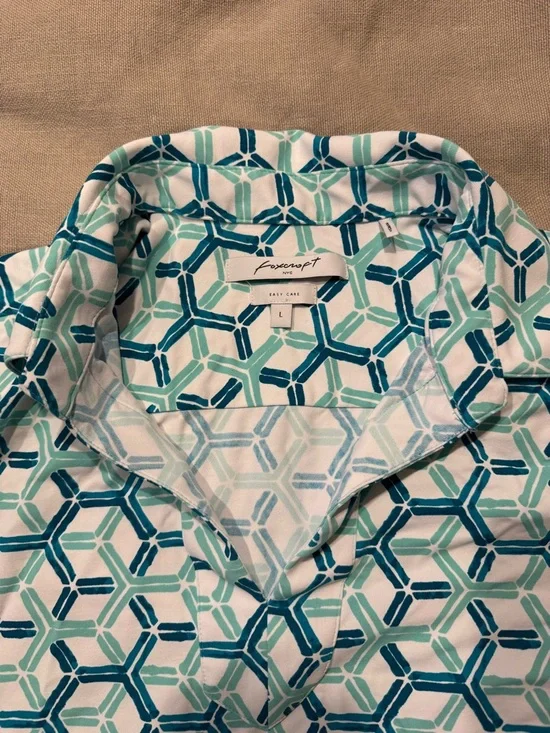 Foxcroft - Geometric V-Neck - Tunic Dress Cover Up - Teal, White, Navy - Large - Picture 10 of 15